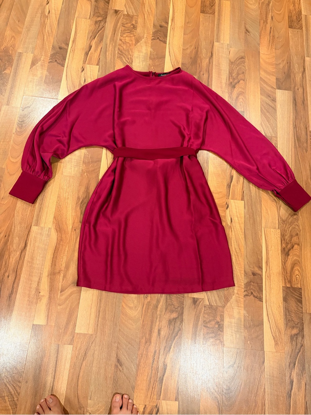 Crewneck Long-Sleeve Mini Dress in Magenta with Belt - Picture 3 of 12